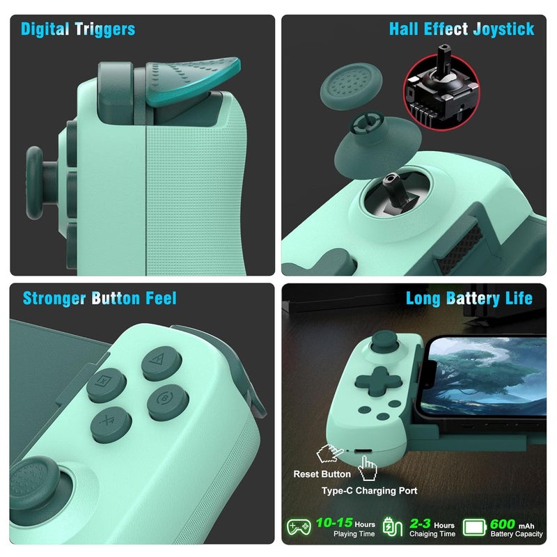 Joso Wireless Phone Controller for iPhone/Android, Mobile Game Controller with Hall Joystick Suitable for Xbox Cloud Gaming, PS Remote Play, Steam Link, Call of Duty & More - Green - Image 4